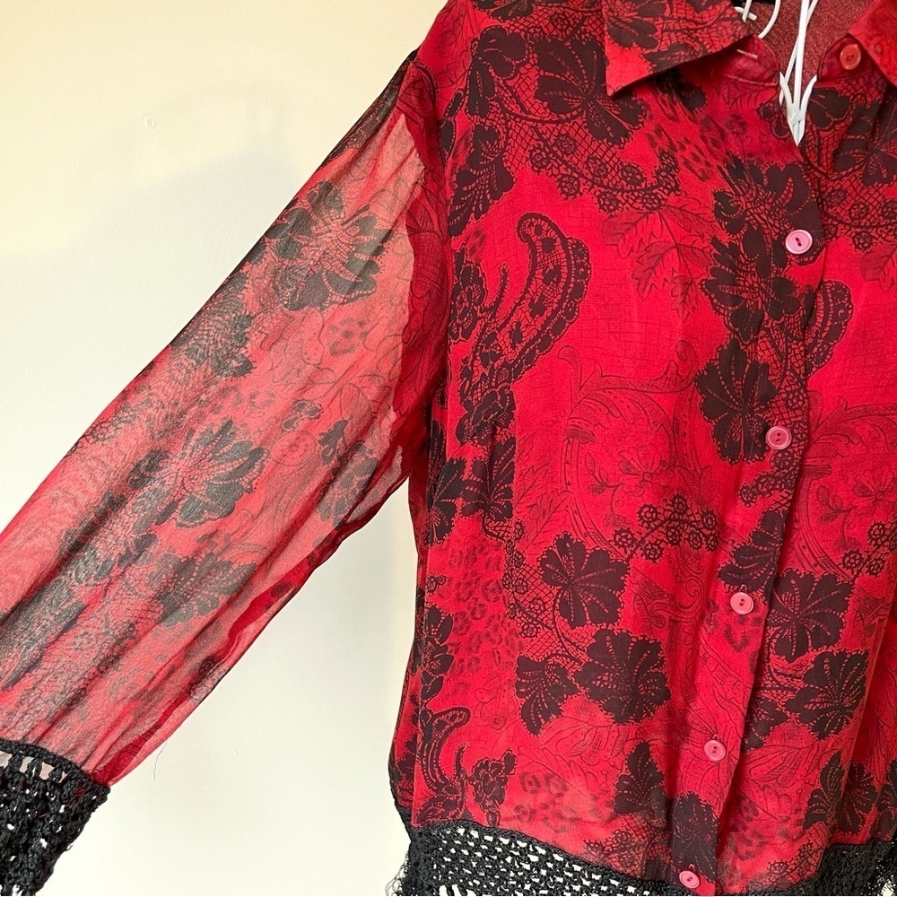 Vintage Spencer Jeremy Silk Semi Sheer Button Down Blouse Fringe red black SZ 10 - Picture 2 of 7
